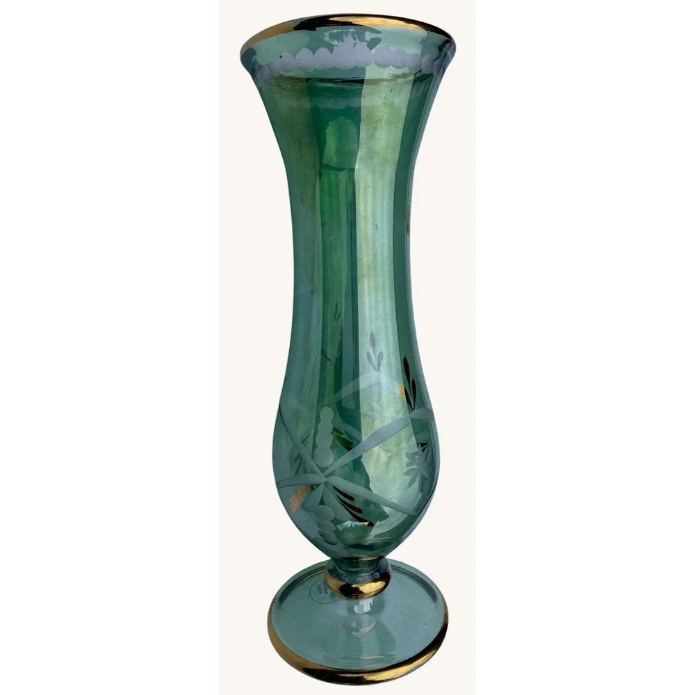 Vintage Royal Limited Emerald Green Glass Vase Hand Cut Etched Gold Rim 6 3/4